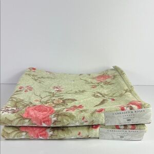 Cabbages & Roses London Bath Towels Green Pink Floral Velour Cotton 2 Pc Set NEW